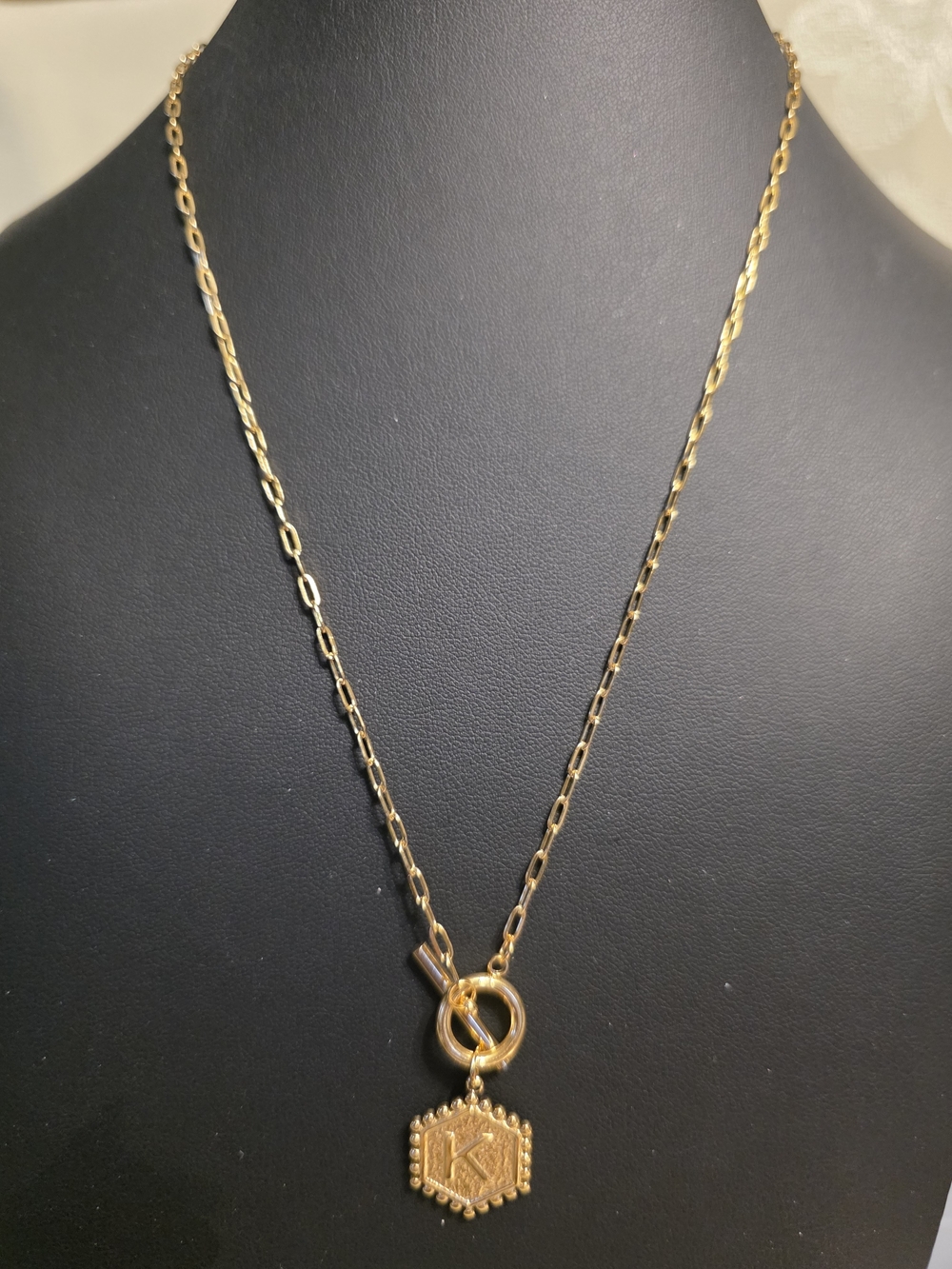 #830 Plunder Gold Tone Hexagon 'K' Initial Pendant Necklace